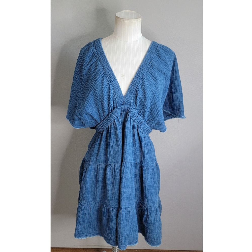 Aerie Pool To Party Flutter Mini Dress Small Blue Gauze Tiered V-Neck 2024